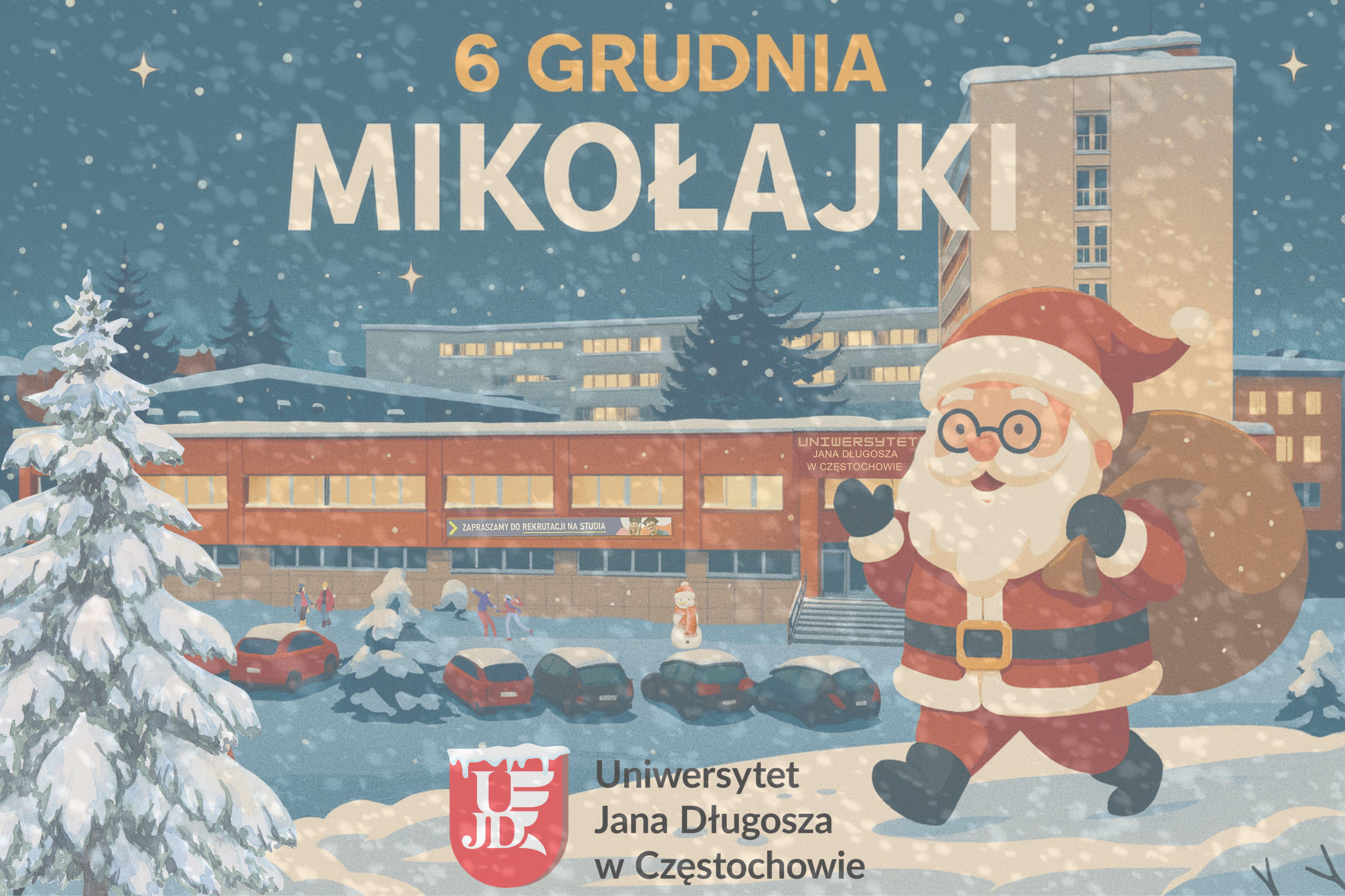 Grafika przedstawiająca Świętego Mikołaja. W tle widać budynek UJD. Mikołajki-2