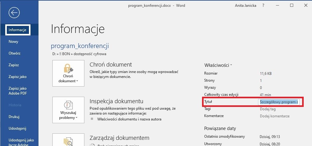 lokalizacja pola Tytuł w programie Microsoft Word