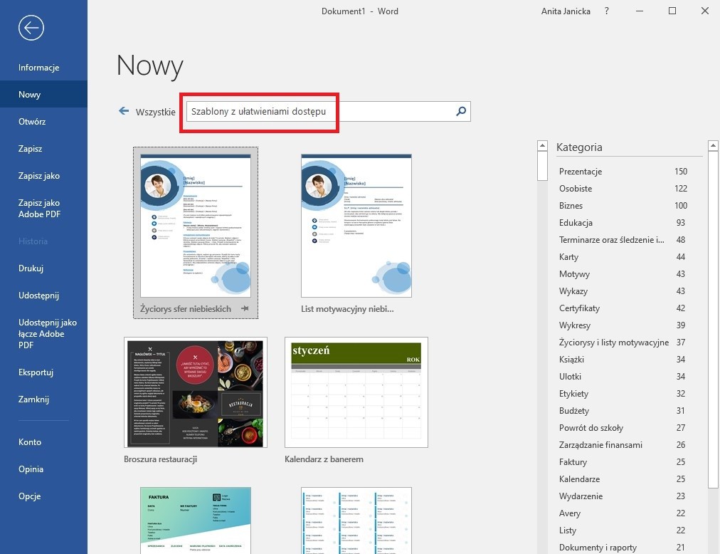 Okno programu MS Word, umiejscowienie wbudowanych szablonów