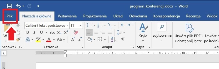 zrzut ekranu MS Word, Plik - umiejscowienie w lewym górnym rogu