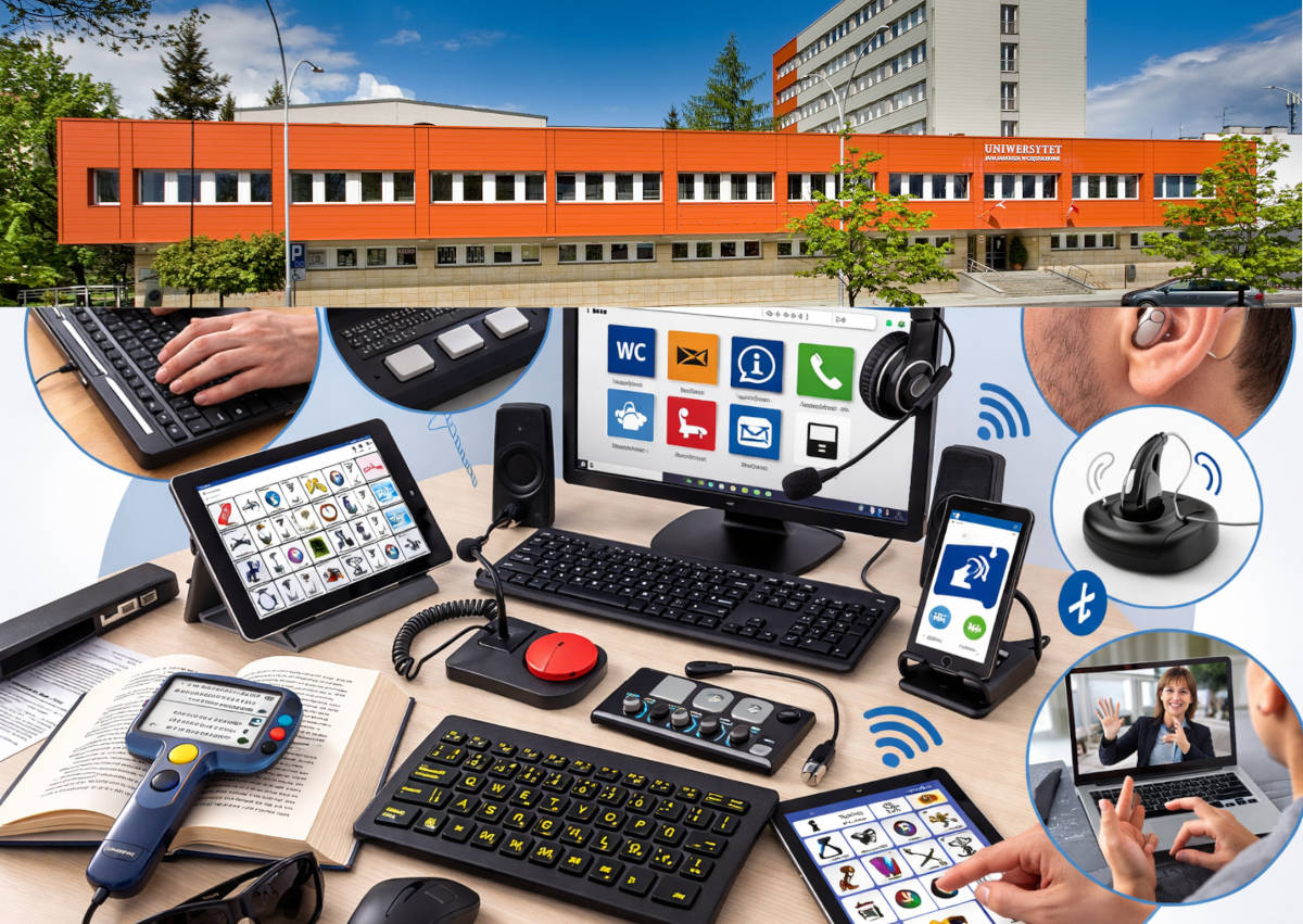 Budynek UJD przy ul. Waszyngtona z widocznym sprzętem wspierającym dostępność.